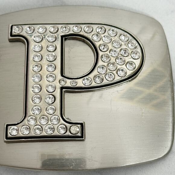 Rhinestone Letter P Monogram Belt Buckle Silver Tone Initial ✨ - Picture 3 of 14